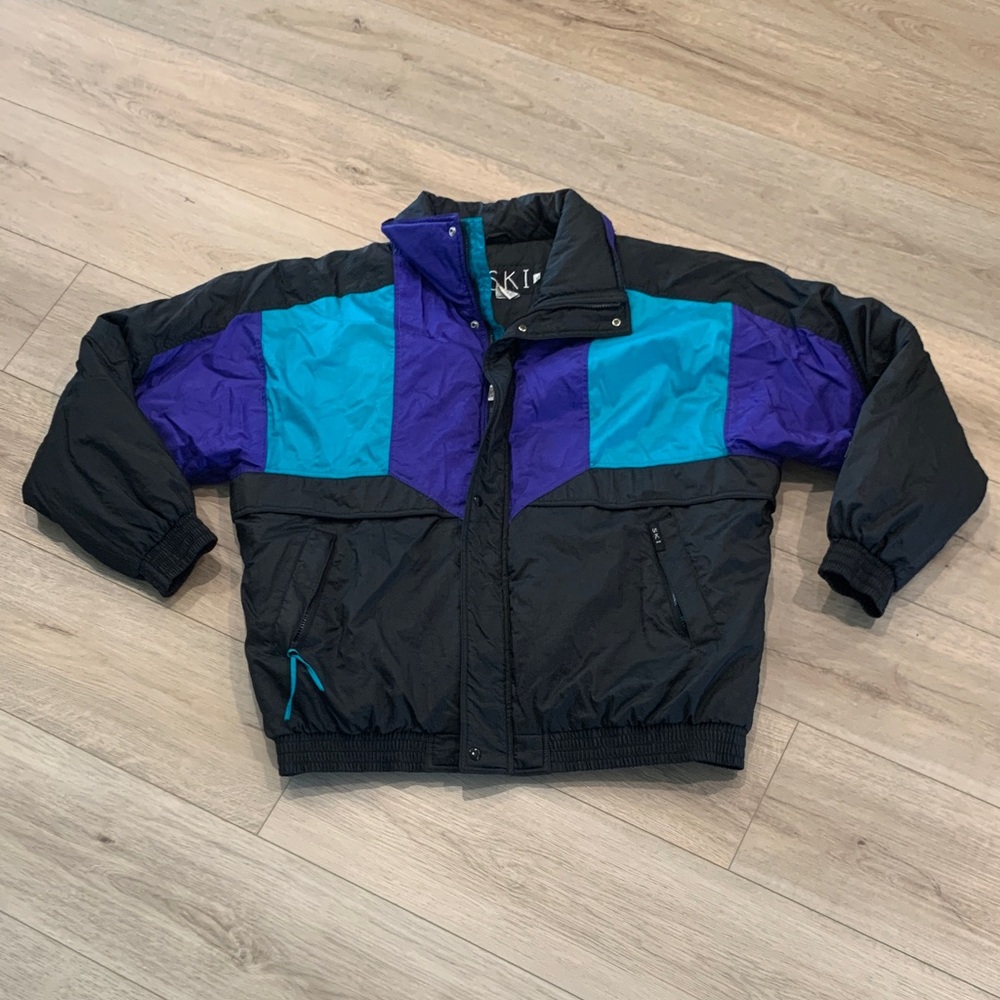 Vintage Thermoloft Colorblock Puffer Jacket in Black, Teal & Purple Size XL